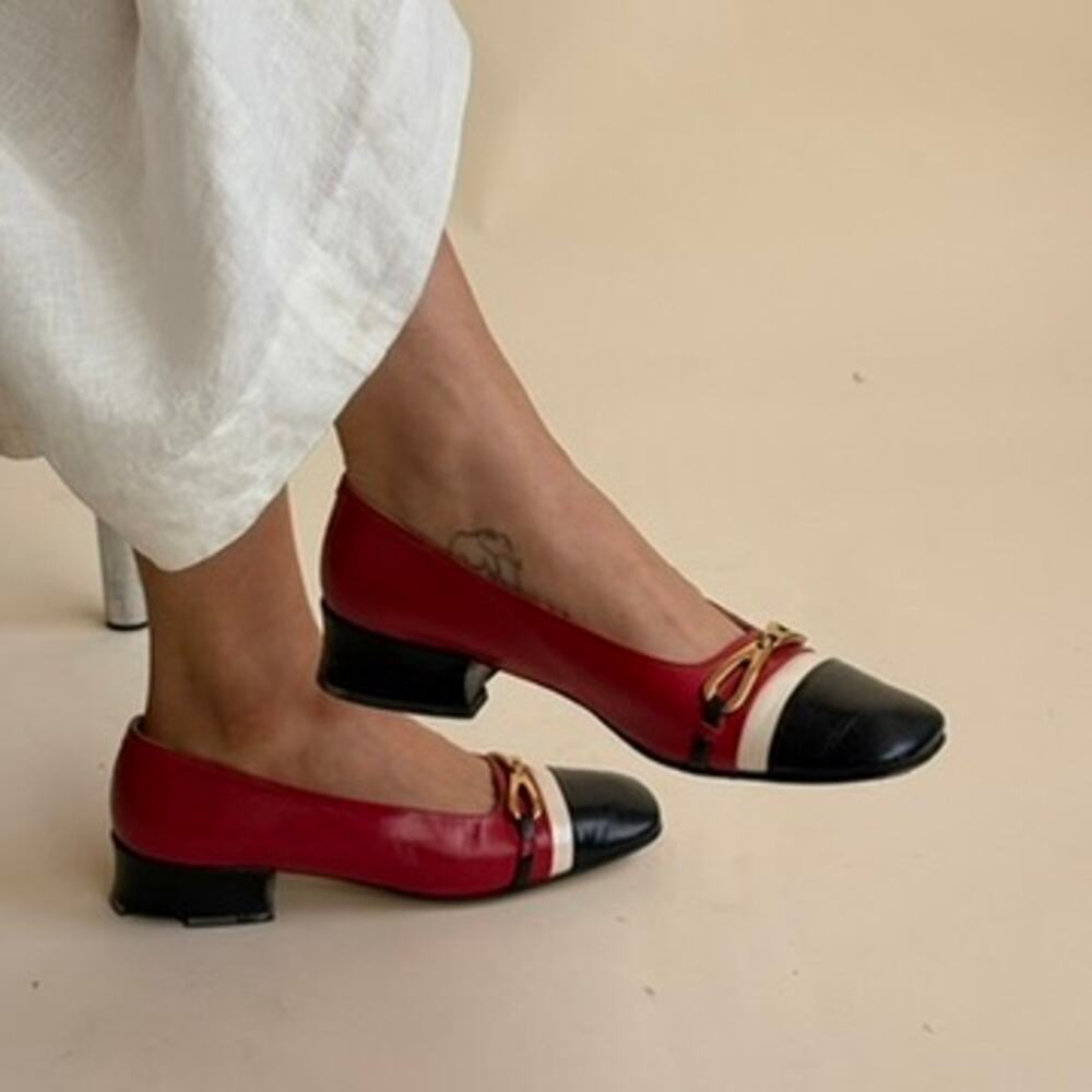 Mondi Colorblock Loafers - Horse Bit Buckle, Red/White/Black, 80s/90s, Size 8